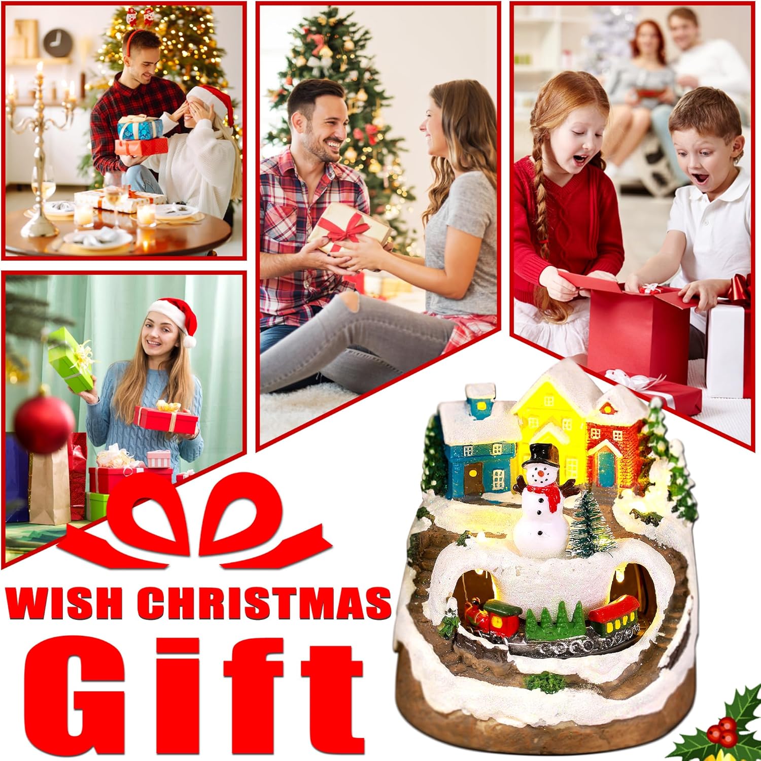 Musical Resin Snowman Figurines | Christmas Village Decor with Spinning Train & LED Lights - Holiday Centerpiece