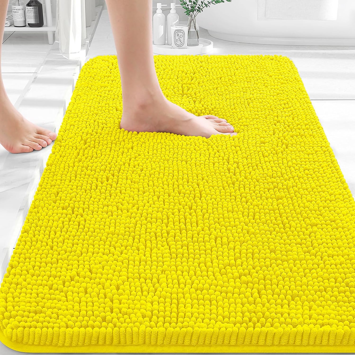 OLANLY Bathroom Rugs - Extra Soft Chenille Bath Mats with Rubber Backing | 36x24, Lemon Yellow, Quick Dry