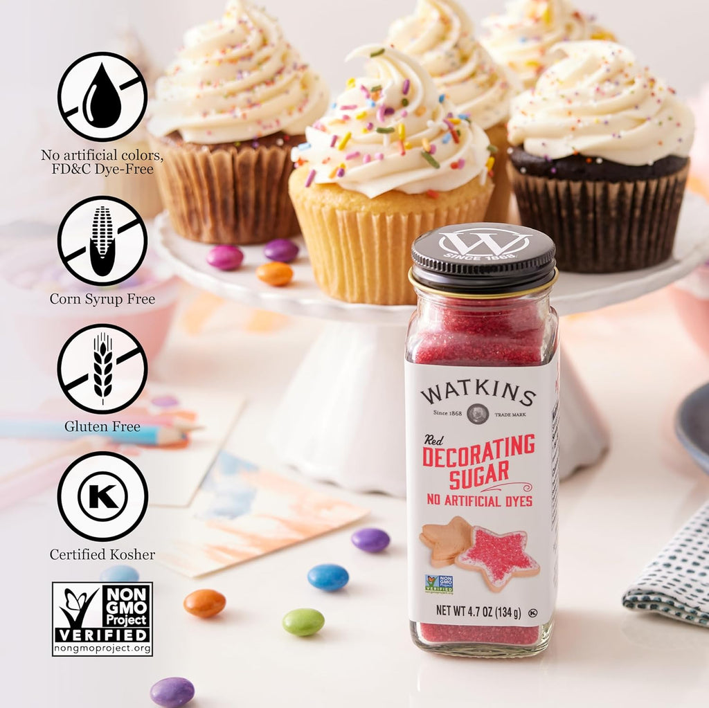 Watkins Red Decorating Sugar - Non-GMO, Kosher, No Artificial Dyes | 4.7 Ounce Jar