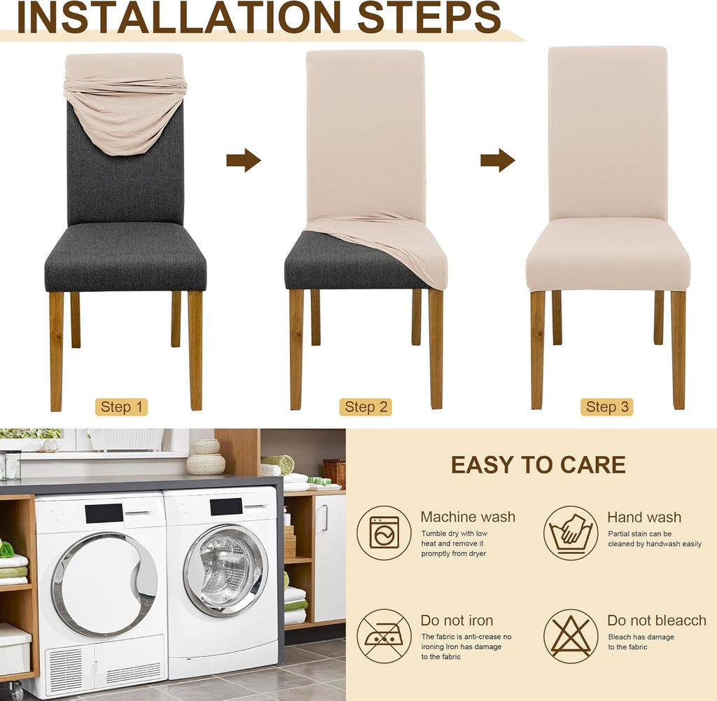 Skiennix Dining Chair Covers - Stretch Washable Slipcovers Set of 6 | Beige Protective Covers for Home & Restaurant