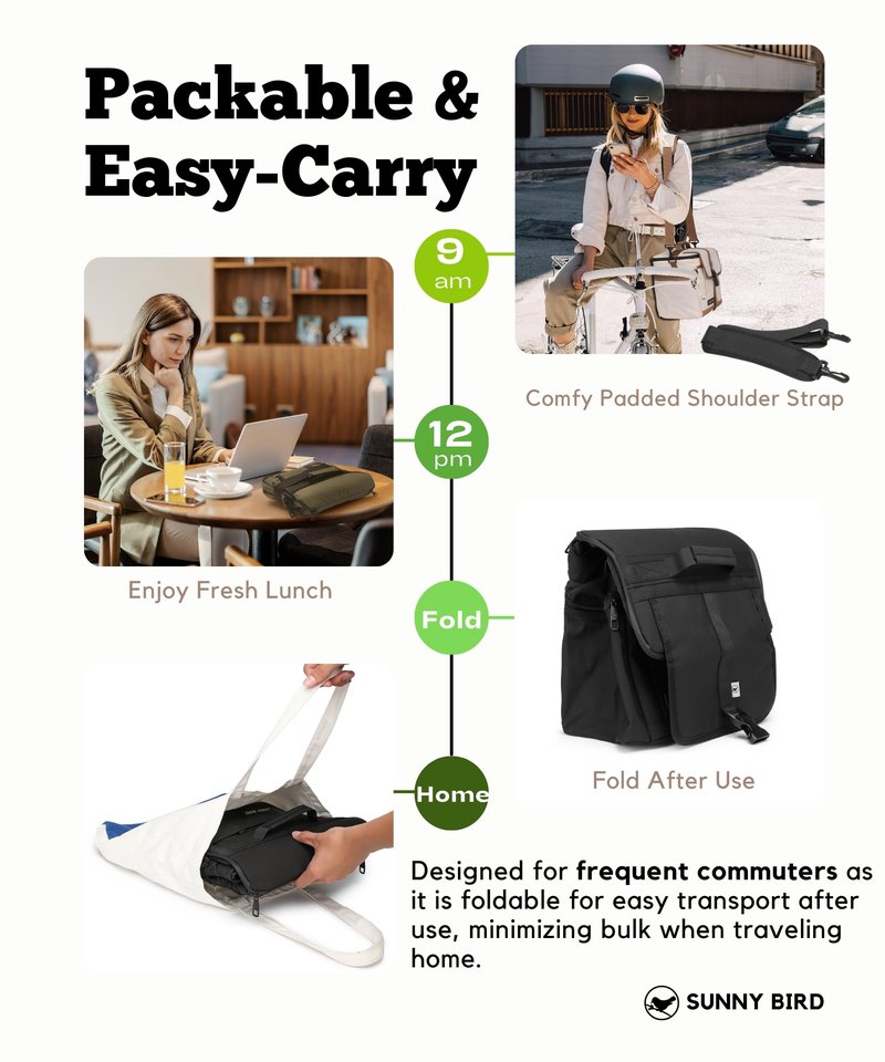 SUNNY BIRD Large Lunch Bag, Thermally Insulated Soft Cooler with Shoulder Strap for Women, Men (Black)