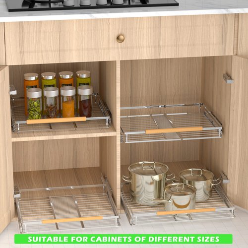 SOFRON Adjustable Pull Out Shelves for Kitchen Cabinet, Expandable Pull Out Drawders for Cabinets, Pull Out Cabinet Organizer Roll Out Drawers, Stainless Steel, Cabinet Width 16.2" - 26.2", 1 Pack