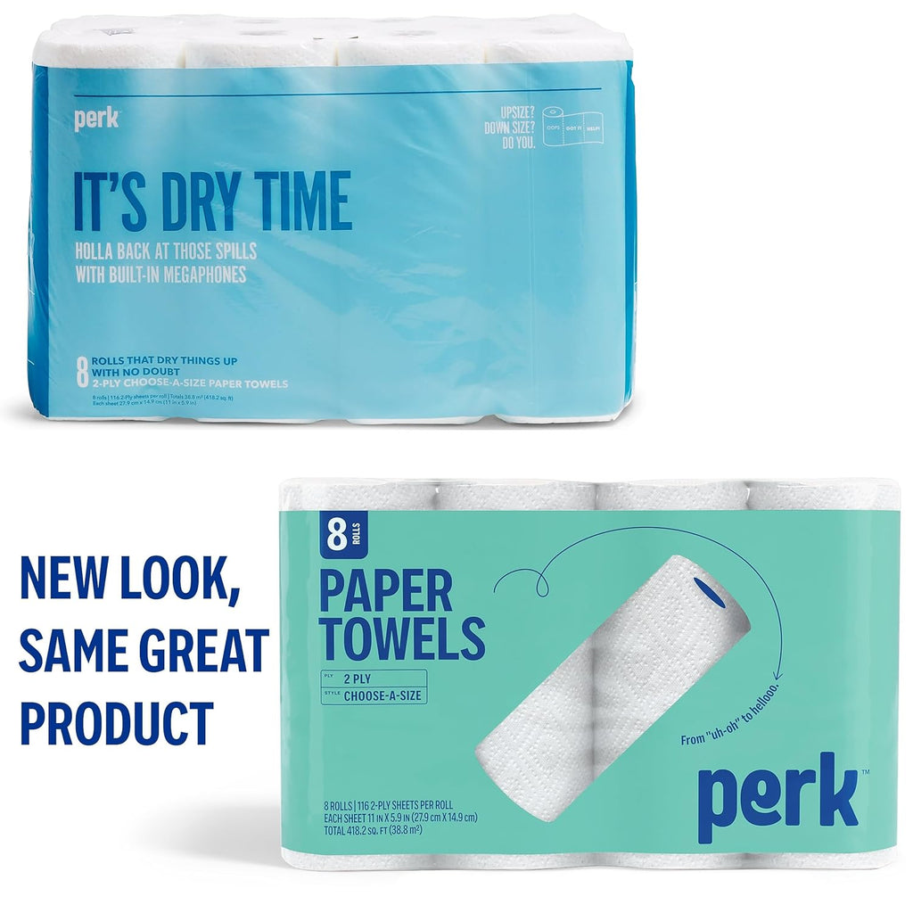Perk Choose-A-Size Paper Towels - 2-Ply, 116 Sheets/Roll, 8 Rolls | Highly Absorbent Kitchen Towels, White