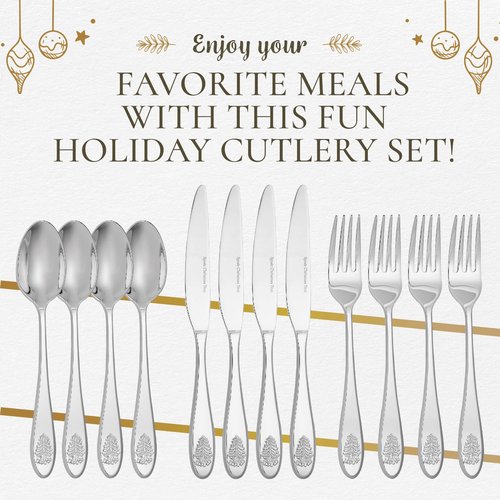Spode Christmas Tree Collection 20-Piece Stainless Steel Flatware Set - Holiday Cutlery Set - Dishwasher Safe Silverware - 4 Dinner Forks, Salad Forks, Dinner Knives, Tablespoons, Teaspoons