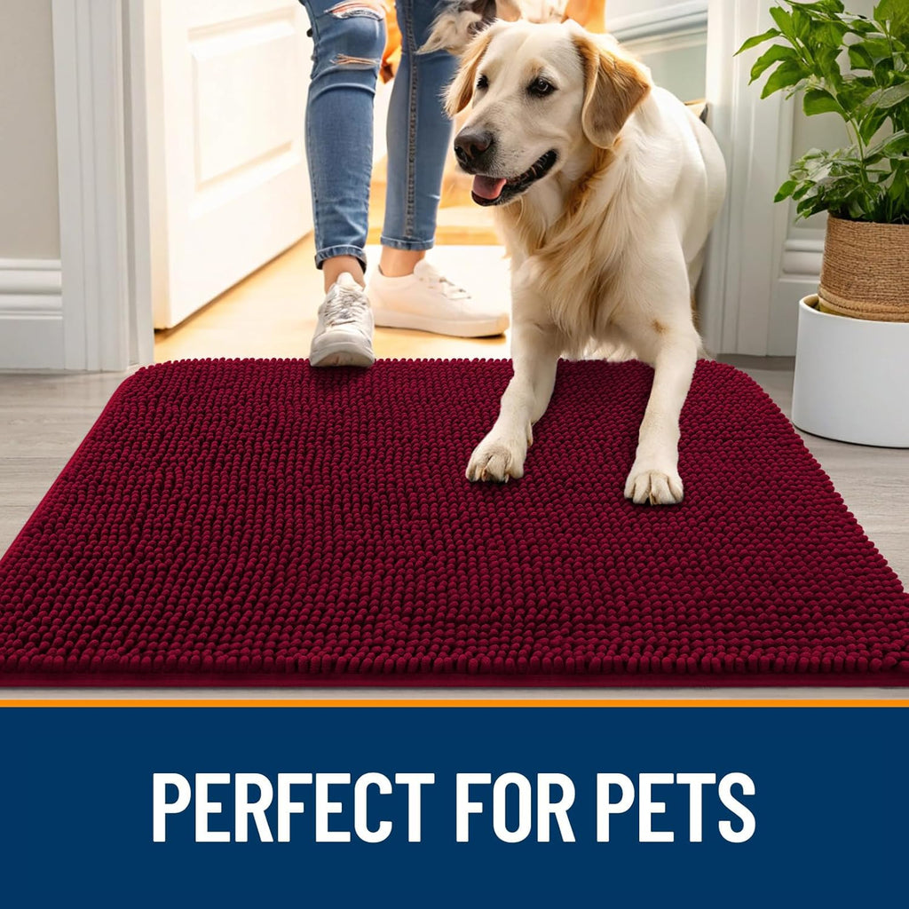 OLANLY Dog Door Mat - Absorbent Non-Slip Chenille for Muddy Paws | 24x16, Quick Dry, Burgundy