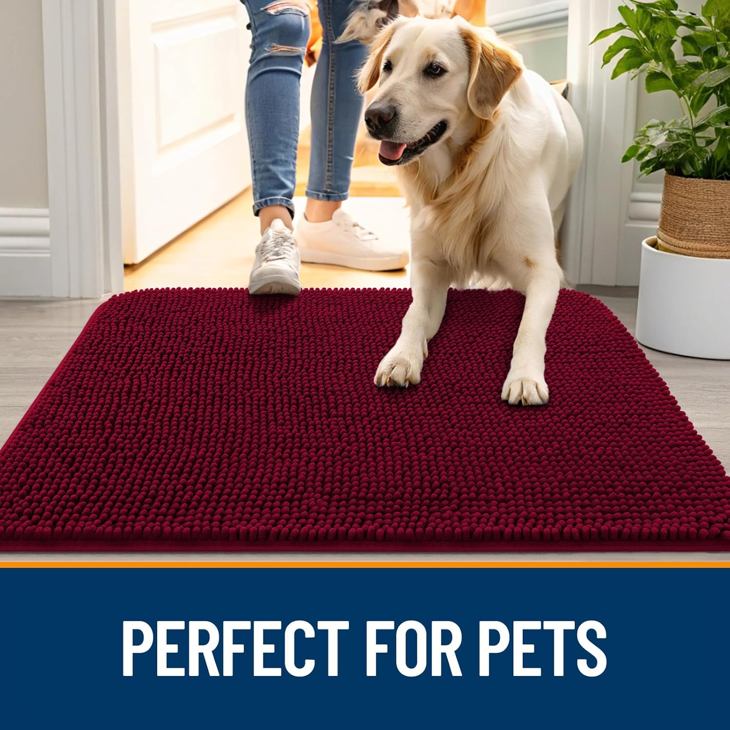 OLANLY Dog Door Mat - Absorbent Non-Slip Chenille for Muddy Paws | 24x16, Quick Dry, Burgundy