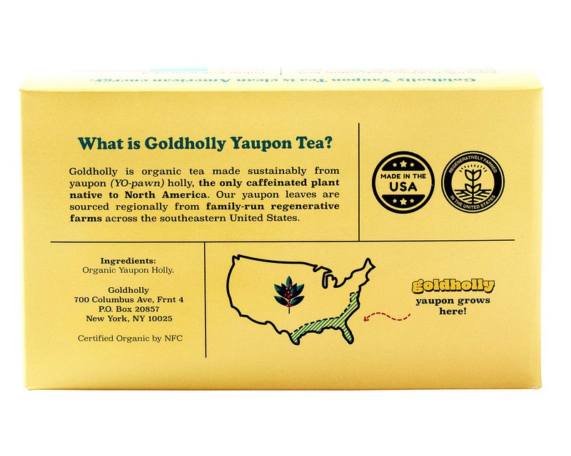 Goldholly Organic Yaupon Tea Bags - Ocelot Light Roast, 20 Count | American Organic Tea for Clean No-Jitter Energy & Focus | Caffeine & Theacrine, Smoother than Traditional Teas | Gold Holly Yaupon