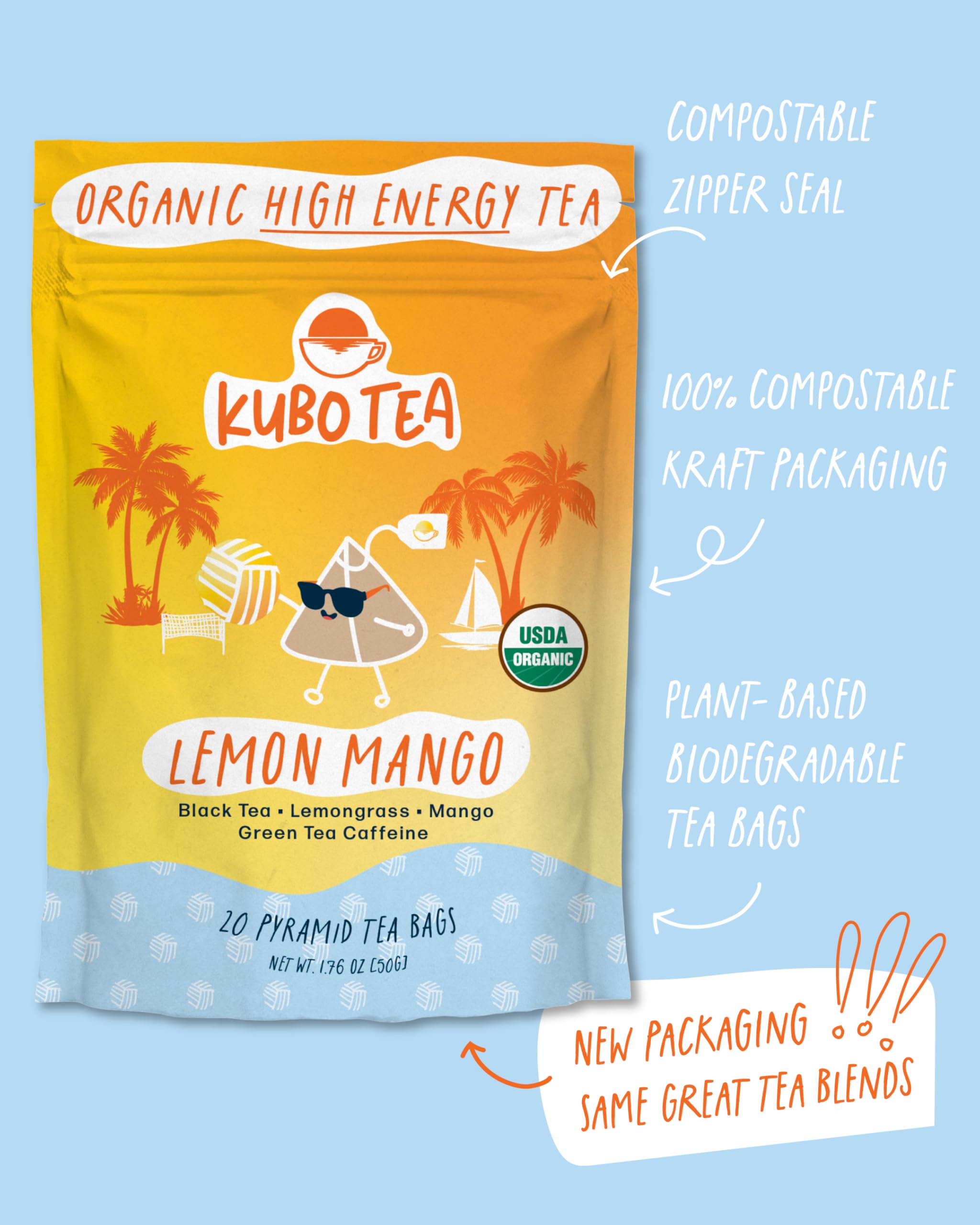 Kubo Tea High Caffeine Black Tea (155 mg) – Lemon Mango Energy Tea for Focus & Clean Energy | Smooth Coffee Alternative | Fruity Antioxidant Blend | 20 Compostable Tea Bags
