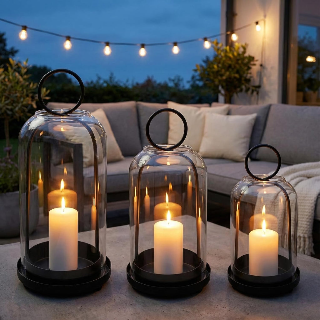 Skiennix Metal Candle Holders Set - 3 Pack with Glass Domes | Versatile Black Candlestick Holders (5.5", 4.7", 3.9")