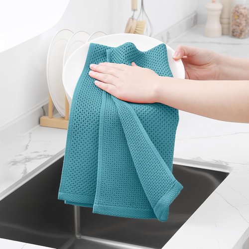 Homaxy Kitchen Dish Towels - Ultra Soft 100% Cotton Waffle Weave, Quick Drying, 13 x 28 Inches, 4-Pack | Lake Blue