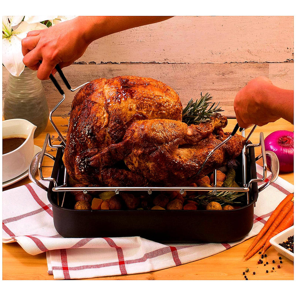 HSHQING 17" Ceramic Turkey Platter with Turkey Forks & Lifter Set - Large Fall Harvest Serving Tray for Large Meats & Holiday