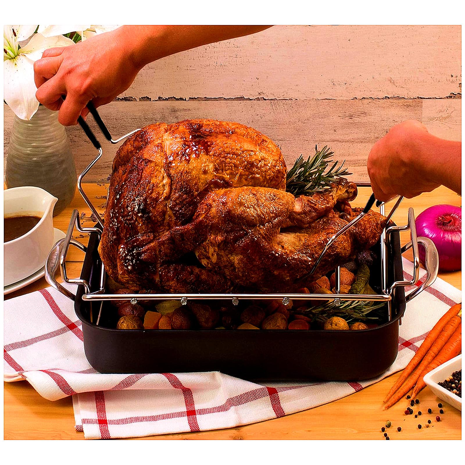 HSHQING 17" Ceramic Turkey Platter with Turkey Forks & Lifter Set - Large Fall Harvest Serving Tray for Large Meats & Holiday