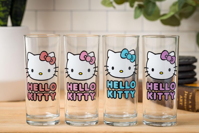 Silver Buffalo Sanrio Hello Kitty 4 Pack Glitter Tumbler Glass Set, 10 Ounces