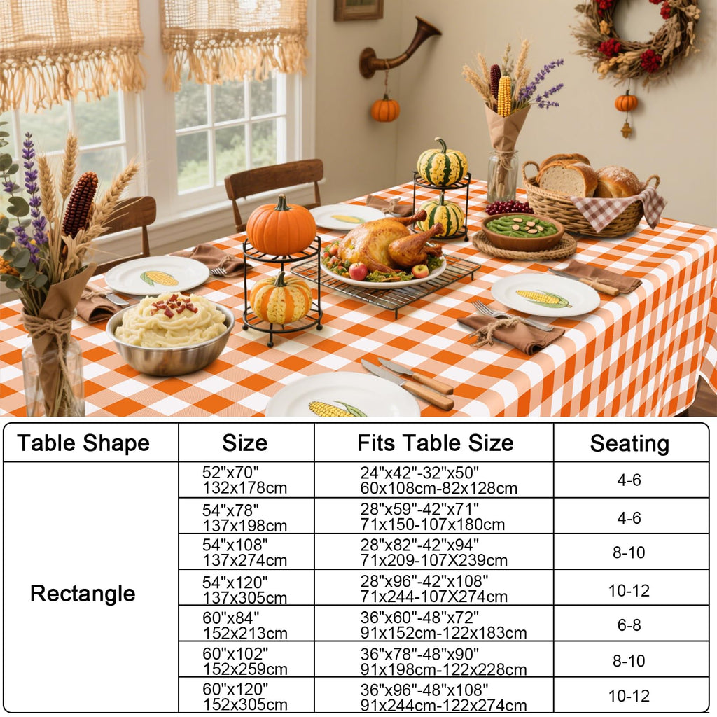 Smiry Rectangle Table Cloth, Waterproof Vinyl Tablecloth with Flannel Backing, Wipeable Buffalo Plaid Table Cover for Dining, Indoor and Outdoor (Orange & White, 60"x120")