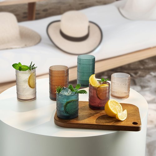 Khen Plastic Hobnail Drinking Glasses Set of 12 Neutral Tones Cups 6x 10oz Lowball & 6x 1oz Highball Acrylic Beaded Design, BPA-Free, Dishwasher Safe Indoor/Outdoor Drinkware Water, Juice, Cocktails