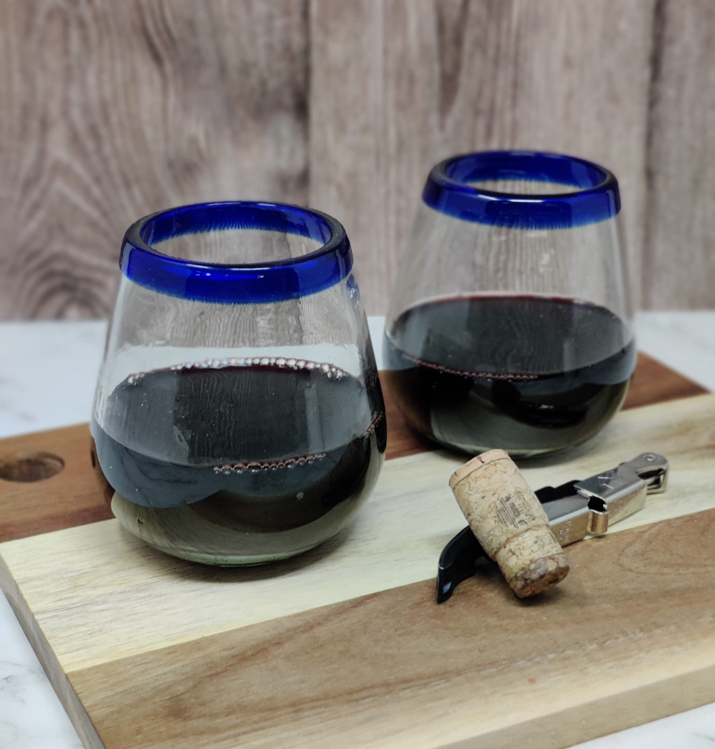 Dos Sueños Hand Blown Mexican Stemless Wine Glasses - Set of 6 Glasses with Cobalt Blue Rims (15 oz)