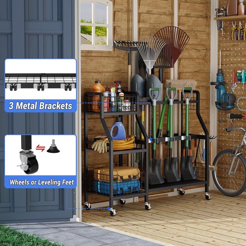 Keomaisyto Garden Tool Organizer - Heavy Duty Metal Storage with 6 Wheels & 2 Baskets | Ideal for Garage, Shed, Yard