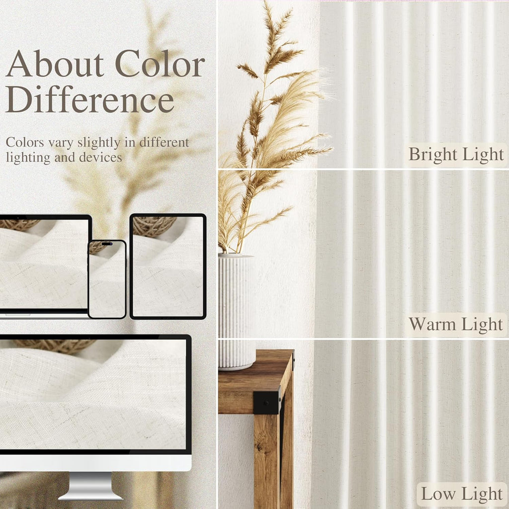 Skiennix Cream Linen Back Tab Curtains - 84 Inch Length | Semi-Sheer 2 Panel Set in Natural Ivory for Modern Farmhouse Decor
