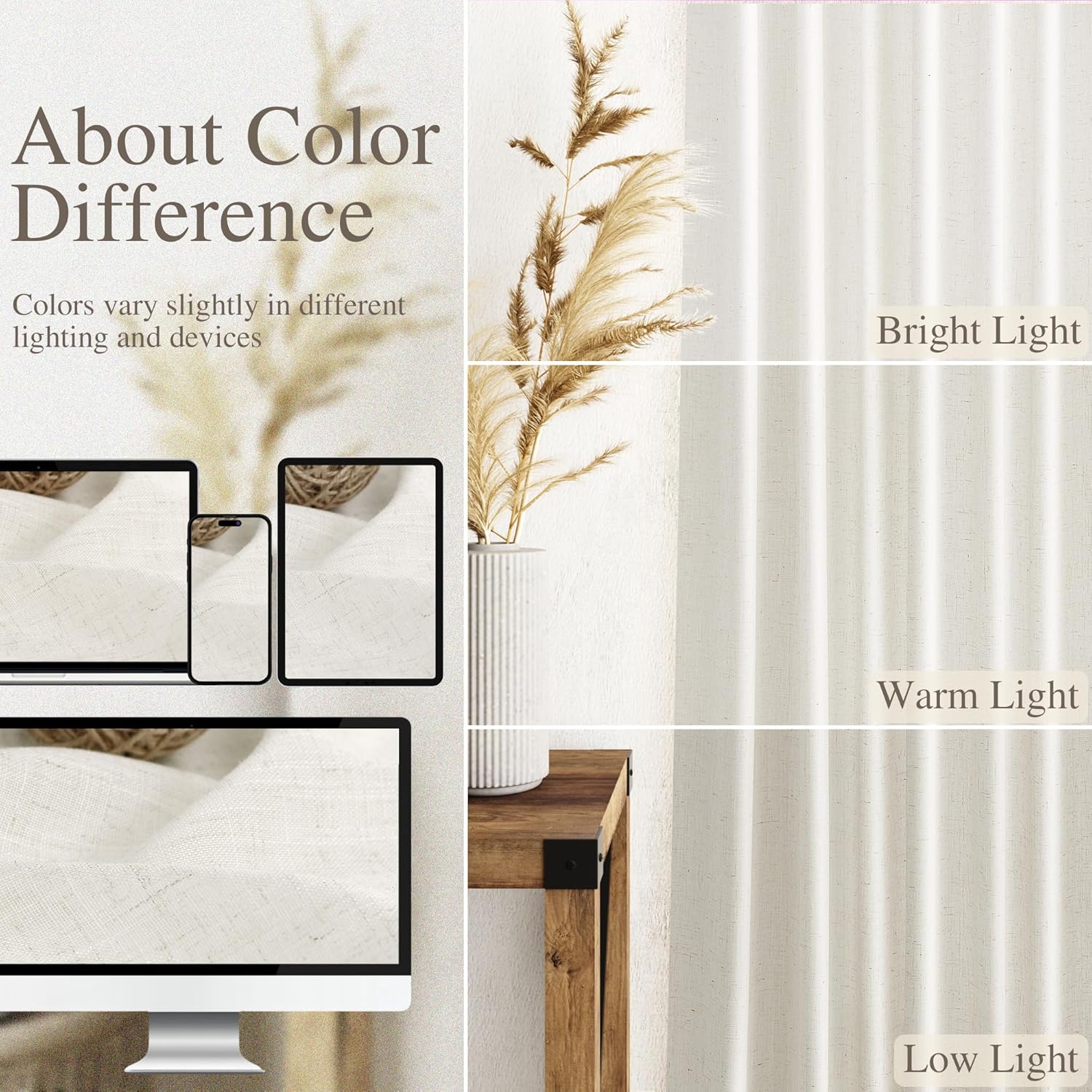 Skiennix Cream Linen Back Tab Curtains - 84 Inch Length | Semi-Sheer 2 Panel Set in Natural Ivory for Modern Farmhouse Decor