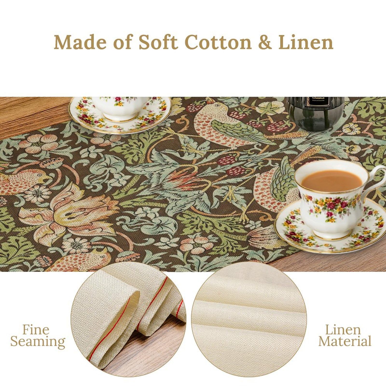 ICMOLYYENLO William Morris Table Runner Vintage Strawberry Thief Print Table Runner for Home Kitchen Table Set 13x36 Inch