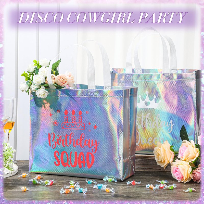 Clysee 10 Pack Reusable Birthday Squad Birthday Queen Gift Bag with Handle Large Tote Bag for Women(Iridescent Color)