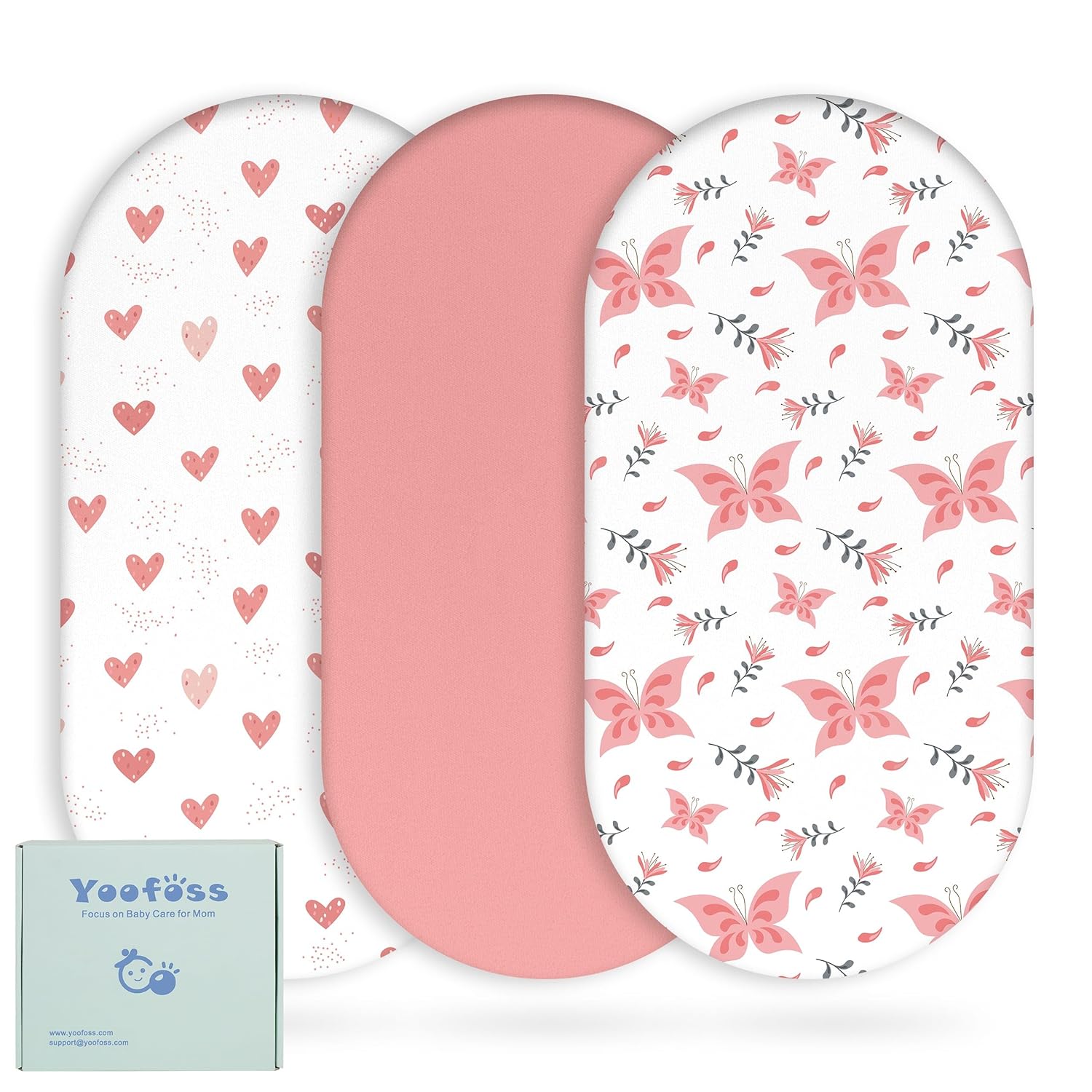 Yoofoss Bassinet Sheets - 3-Pack Fitted Baby Sheets for Halo & Baby Delight | Soft Breathable Design (Pink & Butterflies)