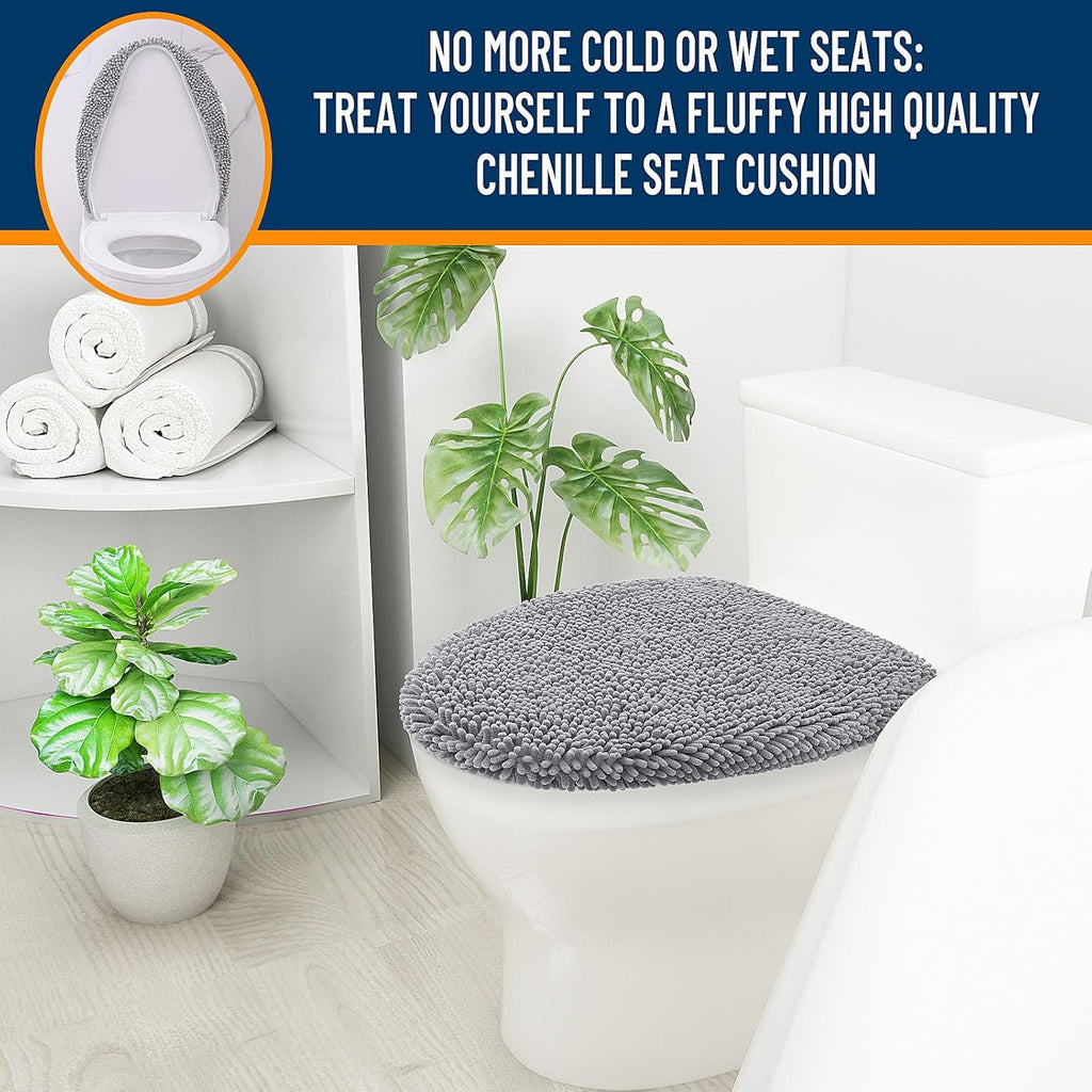 OLANLY Soft Chenille Toilet Lid Cover - Machine Washable, Non-Slip Rubber Backing, Gray, 17.5x15