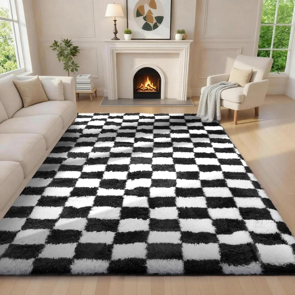 Ophanie Checkered Black & White Area Rug - Fluffy Soft Shaggy Carpet for Living Room & Bedroom | 6x9 Furry Design