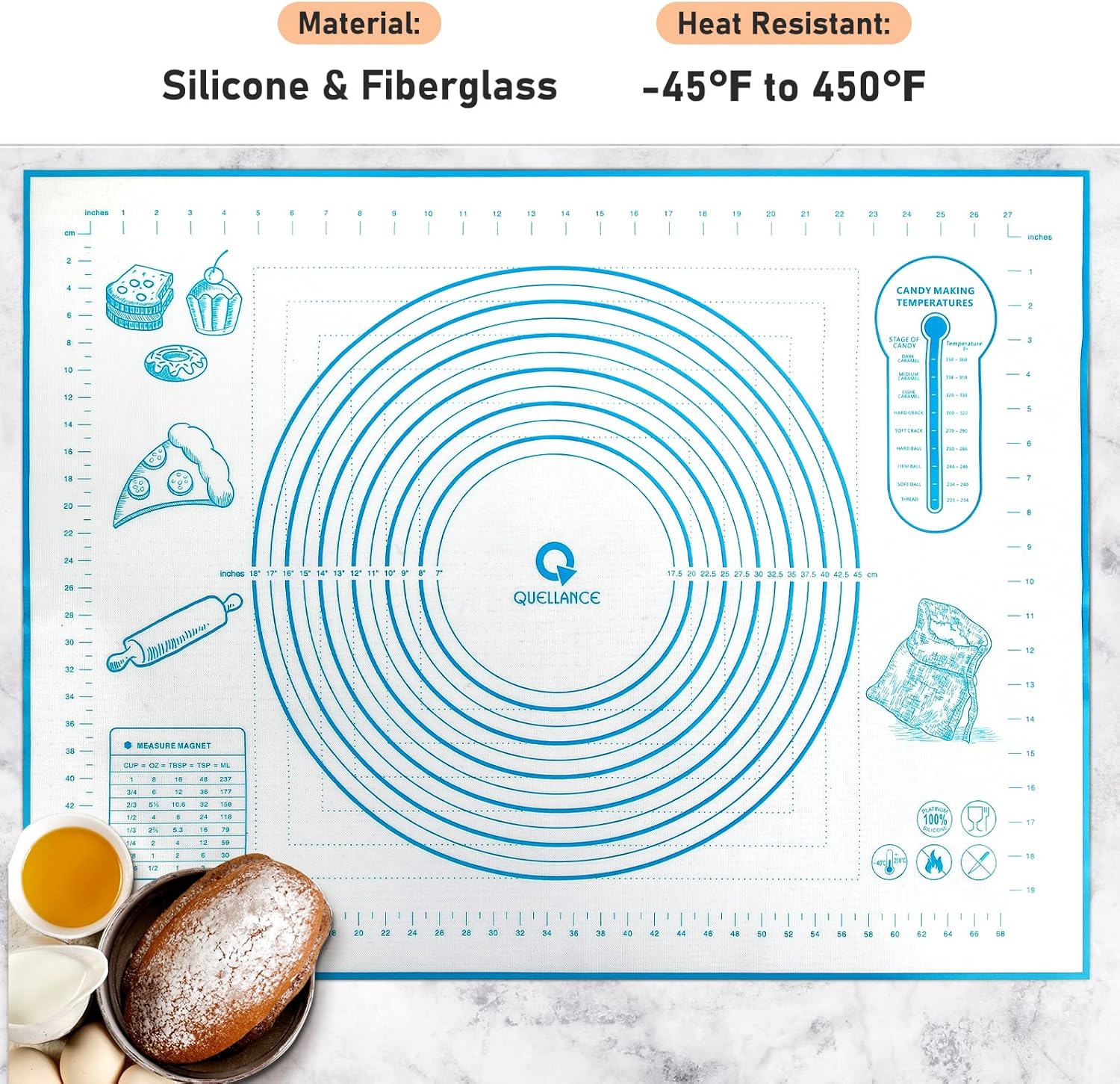 Skiennix Silicone Baking Mat - Non-Stick Pastry Mat with Measurements for Dough & Pizza | 24'' x 32'' Blue