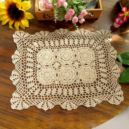 Damanni 15 Inch by 19 Inch Rectangular Cotton Handmade Crochet Lace Table Runner Doilies for Coffee Table Dresser Scarf Décor，2PC/Set (15x19 Inch, Beige)