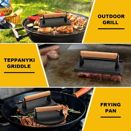 AIVIKI Burger Press - Heavy Duty Cast Iron Smash Press for Griddle | Round 6.9In & Rectangular 8.2x4.2In