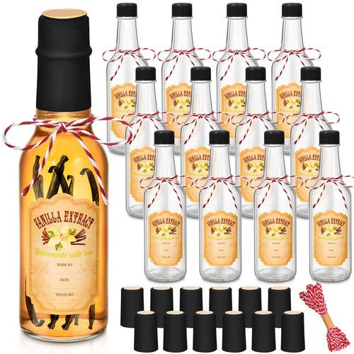 Tioncy 12 Pcs 5 Oz Vanilla Extract Bottles for Homemade Vanilla Jar Woozy Glass Bottle with Cap, Shrink Capsules, Sticker Syrup Gift Food Storage Canister for Hot Sauce Spice Dressing Homemade(Black)
