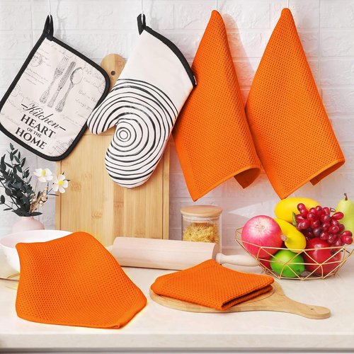 Homaxy 100% Cotton Waffle Weave Dish Cloths - Ultra Soft & Absorbent Quick-Drying Towels | 12x12 Inches, 6-Pack, Orange