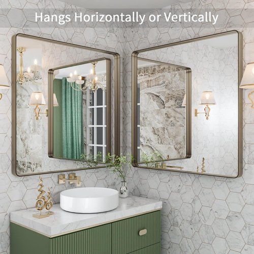 LOAAO Bronze Bathroom Mirror - 36”x36” Rounded Rectangle with Anti-Rust Frame | Versatile Hanging Options