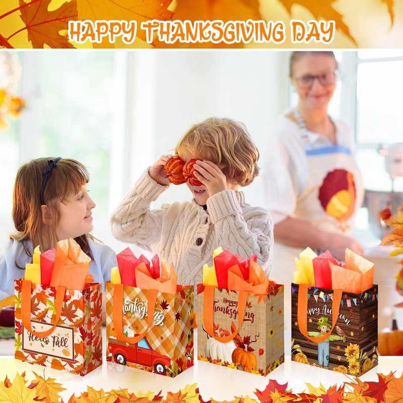 Sweetude 36 Pack Thanksgiving Gift Bags with Handles Reusable Thanksgiving Tote Bags with Tissue Paper Non-woven Fall Autumn Pumpkin Turkey Maple Leaf Turkey Gnome for Party Favor Supplies