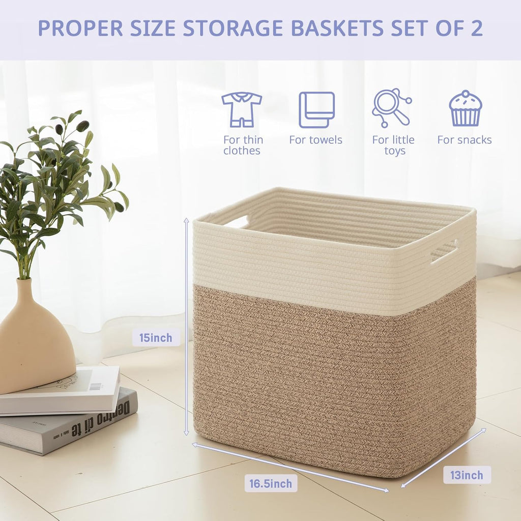 OIAHOMY Large Collapsible Storage Baskets - Versatile Blanket Bins for Living Room | 16.5 x 13 x 15 Inches - Pack of 2 - Brown