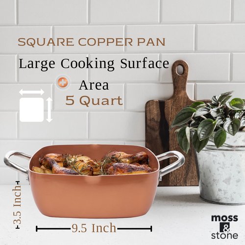 Moss & Stone 7 Pcs Copper Chef Cookware Non Stick Deep Frying Pan 9.5" x 3.5", Fry Basket, Dishwasher & Oven Safe, 5 Qt Deep Square Pot, Non Stick Pan & Round Pot, Induction Copper Cookware Set
