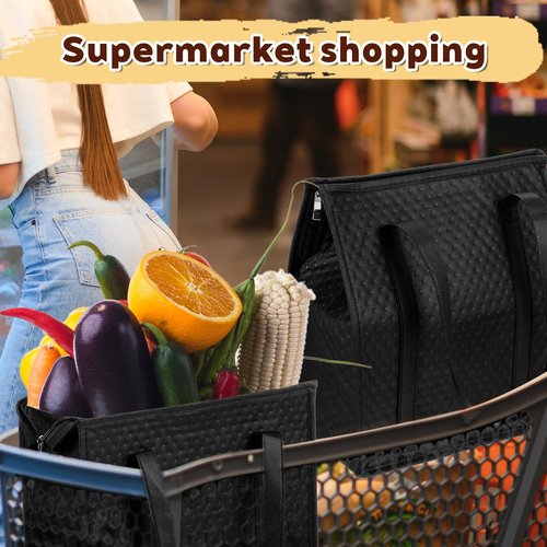 simarro 4 Pack Insulated Grocery Bags, Reusable Shopping Bags Cooler Bag Thermal Totes with Zippered Top & Handle for Groceries & Food Delivery (Black)
