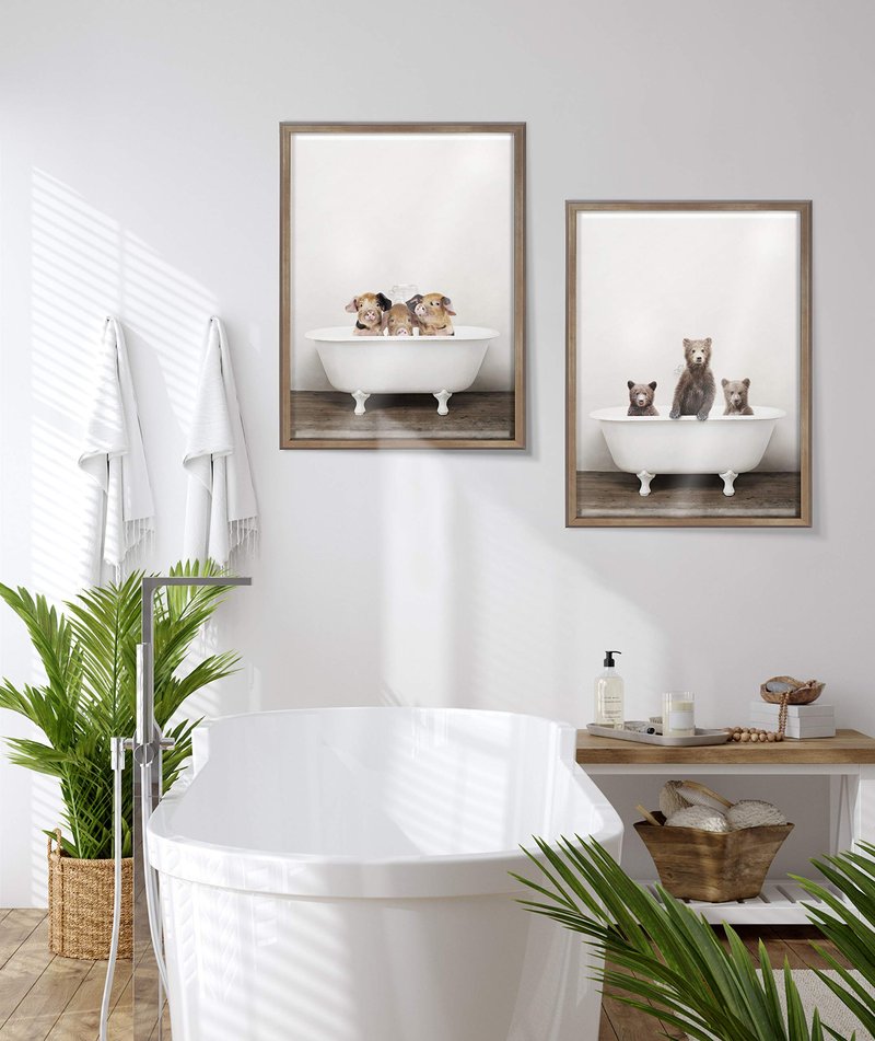 Kate and Laurel Blake Three Little Pigs in Vintage Bathtub Framed Printed Glass Wall Art by Amy Peterson Art Studio, 18x24 Gold, Adorable Animal Art for Wall