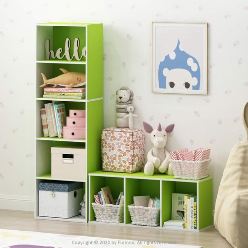 Furinno LUDER Bookshelf - 3-Cube Bookcase with Open Shelves | Easy Assembly, White/Green Finish