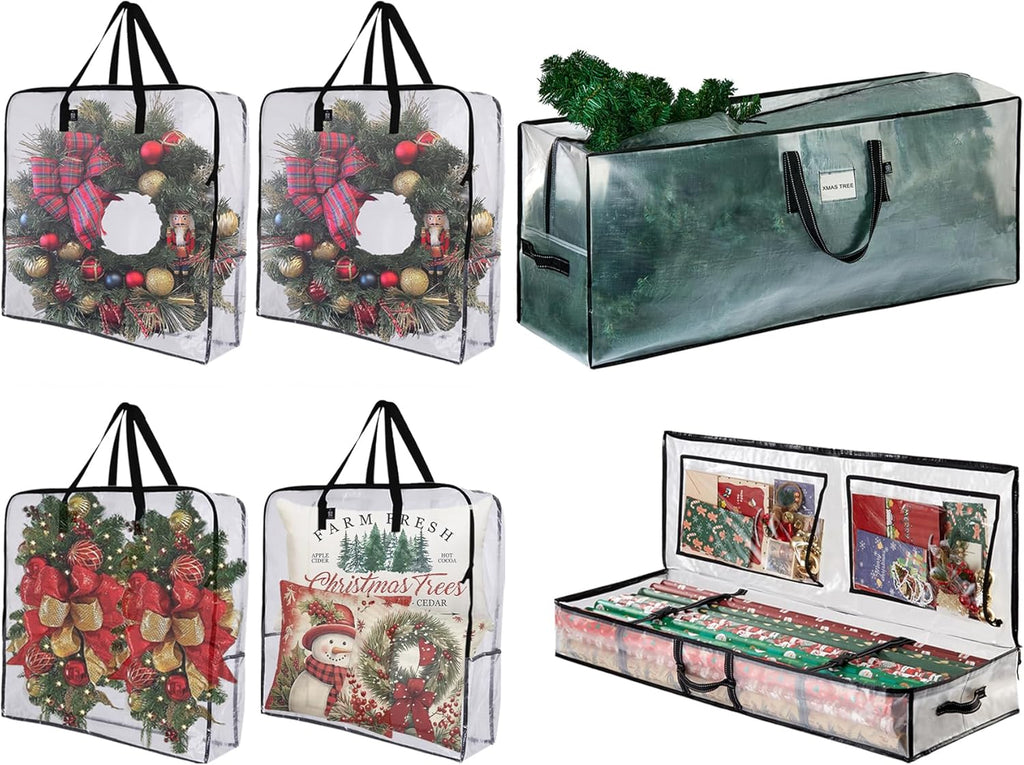 VENO Clear Christmas Wreath & Tree Storage Bags - 6 Pack for Wreaths, 7.5 ft Tree & Gift Wrap