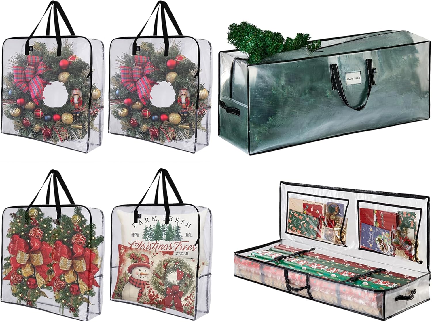 VENO Clear Christmas Wreath & Tree Storage Bags - 6 Pack for Wreaths, 7.5 ft Tree & Gift Wrap