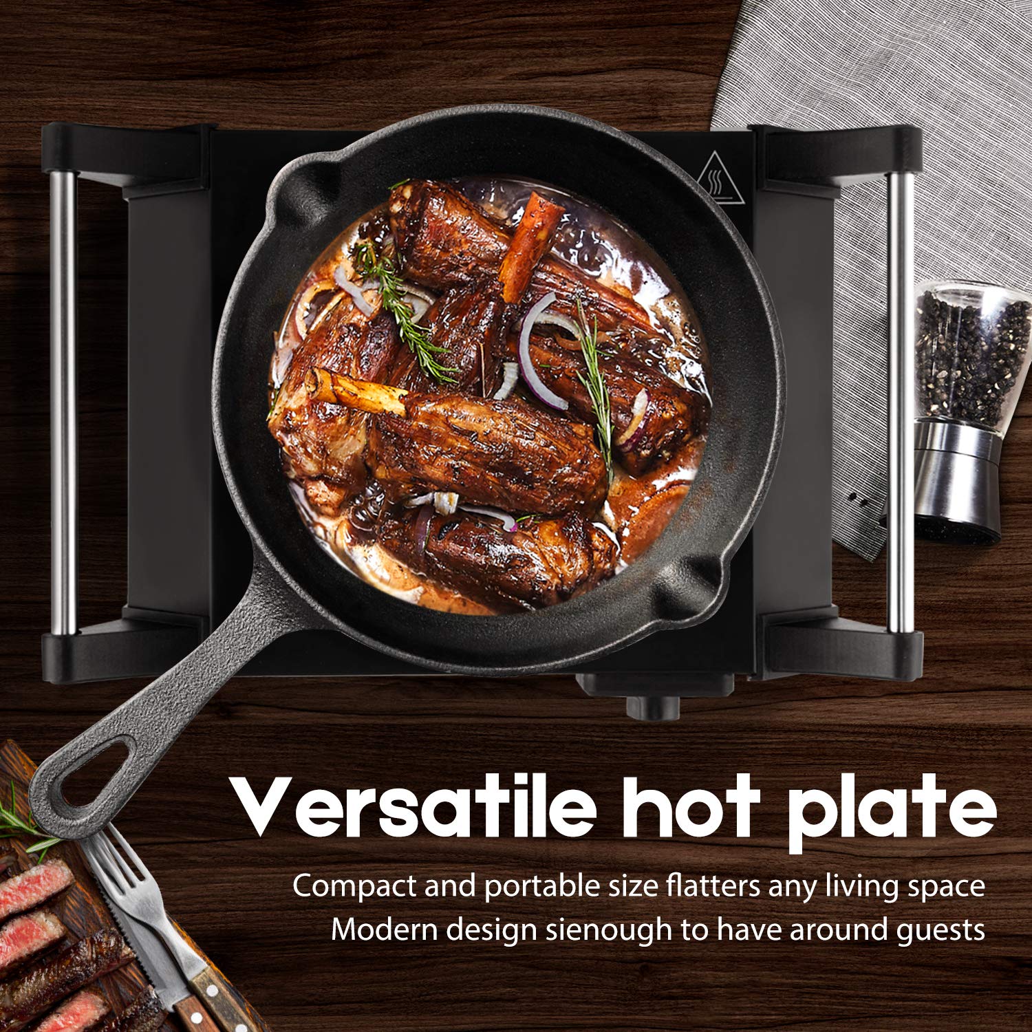 Techwood Hot Plate Portable Electric Stove 1500W Countertop Single Burner with Adjustable Temperature & Stay Cool Handles, 7.3” Cooktop for Dorm Office/Home/Camp, Compatible for All Cookwares