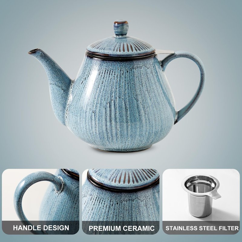HVH 40 oz Porcelain Teapot with Stainless Steel Infuser, Ceramic Tea pot with Infuser for Loose Tea, Enough For 6 Cups, Striped Series (Wabi sabi)