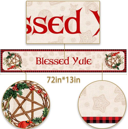 Blessed Yule Table Runner - Buffalo Plaid Check for Winter Solstice | White, 13" x 72" Home Decor