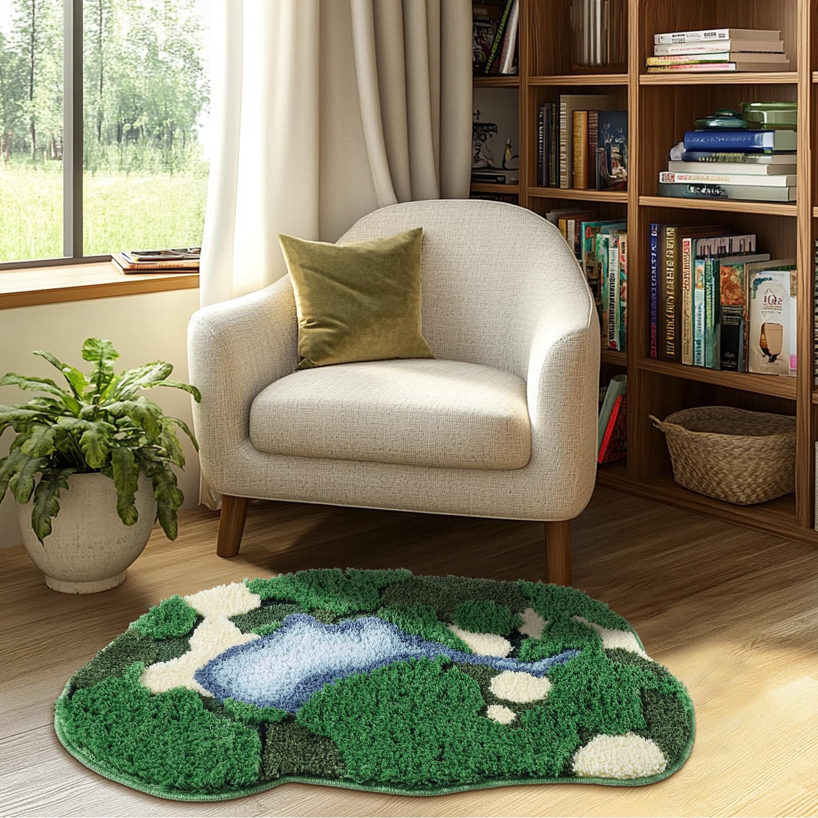 Naoloture Green Long Moss Bathroom Runner Rug Bath Mat, Ultra Thick Soft 3D Aesthetic Decor Cute Tufted Bath Rugs, Non Slip Absorbent Washable Moss Carpet for Hallway Bedroom Laundry Room, 24x59 Inch