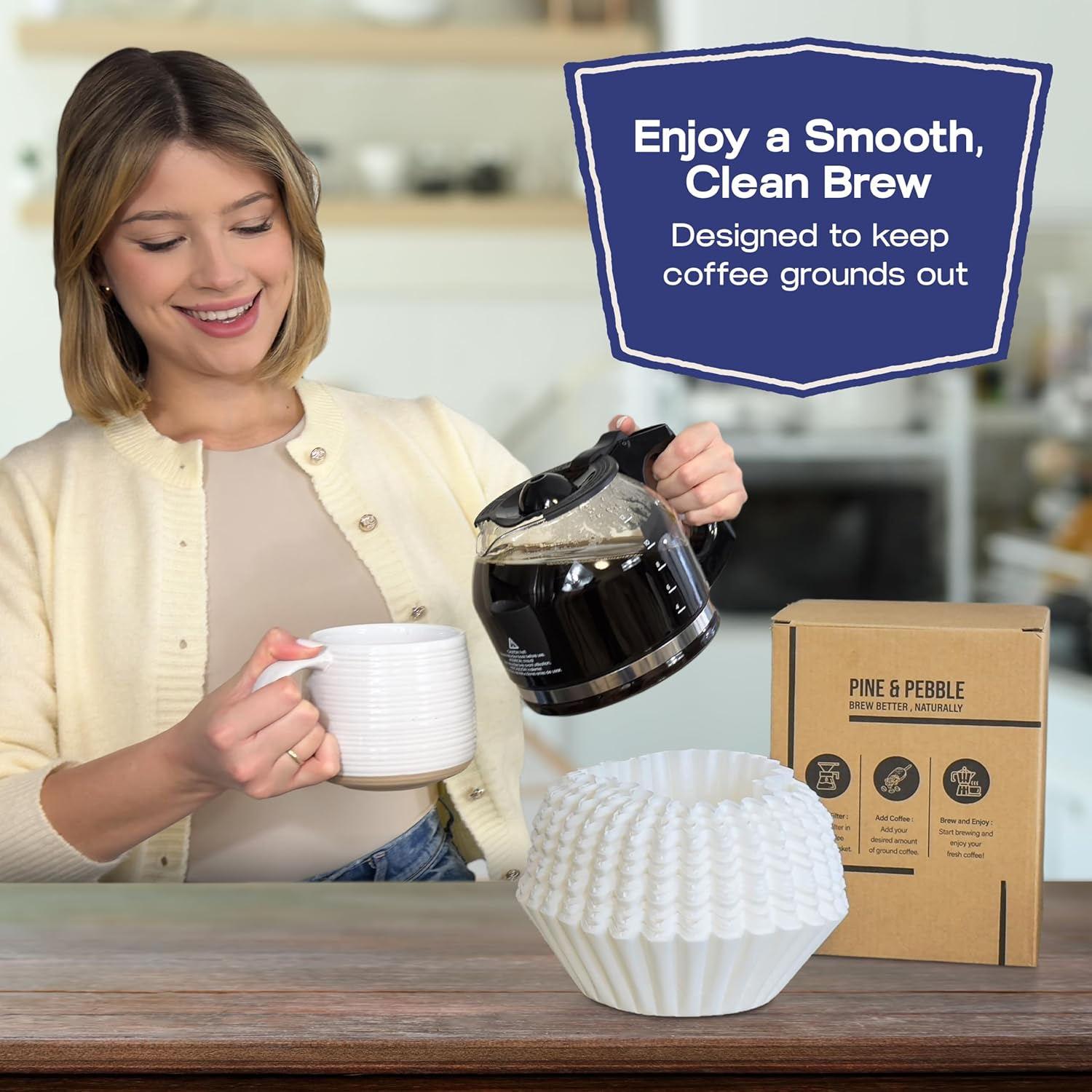 Pine & Pebble® 12-Cup Coffee Filters - 500 Count Tall-Walled Basket Style | No Grounds, No Mess | Fits BUNN & Standard Makers