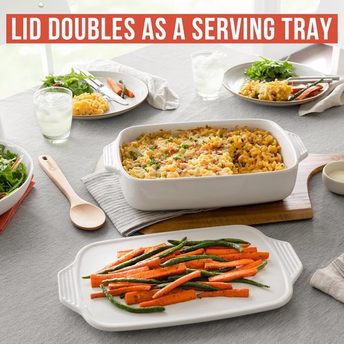 Chef Pomodoro Casserole Dish - Elegant White Ceramic Baking Dish with Lid | 15.5" x 9.3" for Lasagna & Roasting