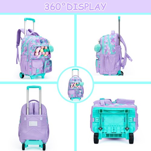Inprof Girls 3 in 1 Rolling Backpack for School Girls Backpack with Wheels Girls Backpack with Lunch Box Set Kids Suitcase for Girls Elementary School Roller Bookbag Kids Travel bag with Wheels