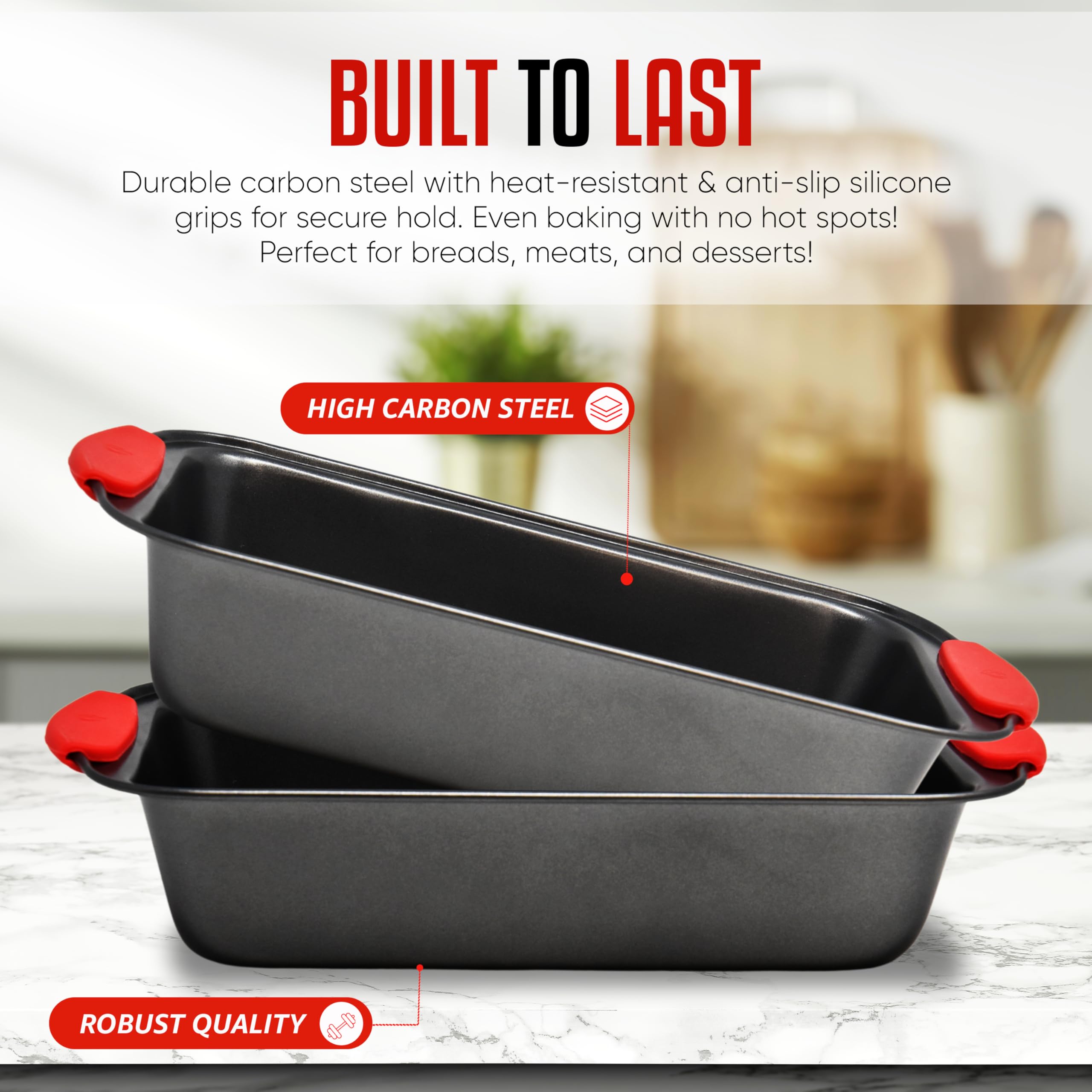 PERLLI Nonstick Loaf Pan with Silicone Grip Handles 11.75" x 6" High-Carbon Steel Bakeware for Baking Bread Cake Broiling Roasting Meat, Oven Safe (446°F)